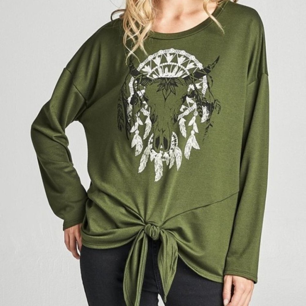 OLIVE BULL PRINT TOP - Picture 2 of 4